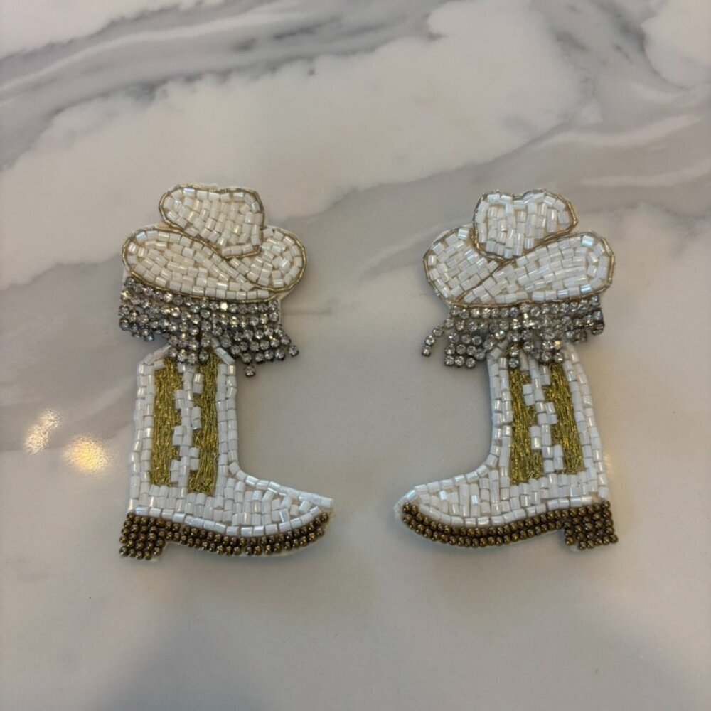 Glam Cowgirl Hat & Boot Earrings with Rhinestone Fringe
